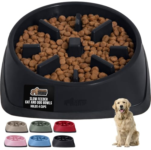 Gorilla Grip Slow Feeder Dog and Cat Bowls, Interactive Puzzle Toy for Dogs and Cats Food Training, Keeps Pets Busy and Prevents Puppy Overeating, Large, Small Breeds, 100% BPA Free, 4 Cup Black