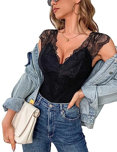 Aranmei Body pour femmes Sexy dentelle Body manches dames Sexy justaucorps haut avec Fermeture à Pression Sortie Haut Décontracté, Schwarz, XL