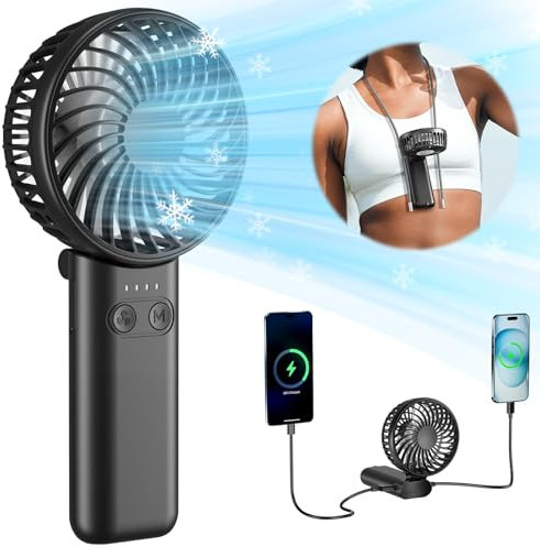 HandFan Ventilador de mano mejorado de 5200 mAh, ventilador de mano de flujo de aire fuerte de 5 velocidades [27 horas de trabajo], ventilador personal de diseño compacto plegable de 180° con cordón