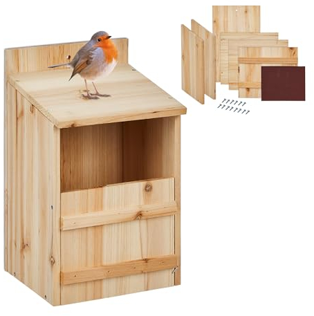 Relaxdays Nistkasten für Halbhöhlenbrüter, Bausatz, Einflugspalt HxB: 10 x 19 cm, Holz, Vogelhaus zum Aufhängen, Natur, 1 Stück