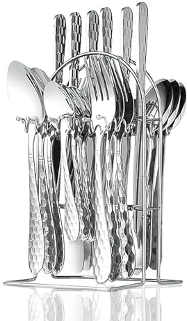 Cutlery Set, 24 Pieces Silverware Cutlery Set with Metal Hanging Stand, Stainless Steel Flatware Set for 6 Person, Mirror Polished Tableware Set for Home, Kitchen, Restaurant (Silver)