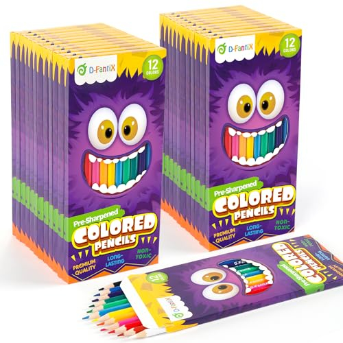 D-FantiX 24 Boxen mit Buntstiften im Bulk – 12 Buntstifte pro Box, insgesamt 288 vorgespitzte Buntstifte, zurück zu Schule Geschenke, Grundschule Klassenzimmer Kindergarten Schulbedarf für Kinder