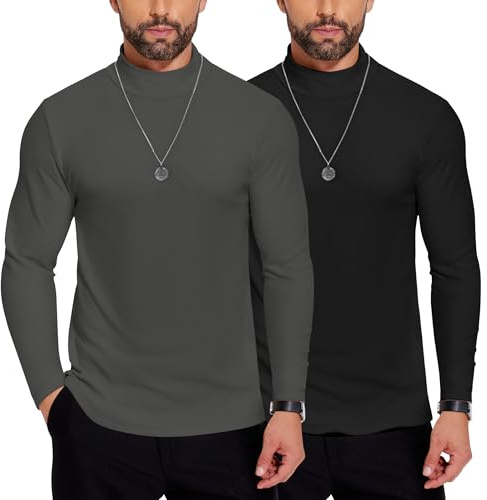 COOFANDY Men's Turtleneck Jumpers Long Sleeve Shirt Stand-up Collar Pullover Warm Sweater Knitwear Top Undershirt Regular Fit Mock Shirt Black and Dark Gray L