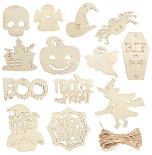 Qiuyan 26pcs Wooden Halloween Cutout Ornaments Unfinished Wood Craft Ornaments Ghost Shapes Wooden Slices Hanging Tags Halloween Decorations for Trick or Treat Bags (13 Styles)