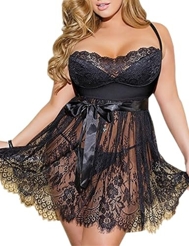 ohyeahlady Negligee Push Up Dessous Damen Sexy Reizwäsche Curvy Unterwäsche Große Größen Babydoll Lingerie für Mollig Frauen Spitze Nachtwäsche V-Ausschnitt Nachthemd Nachtkleid Schwarz,XL