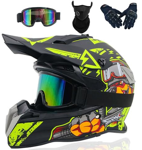 SMTSEC Motorradhelm Cross Damen Herren Full Face MTB Helm Motocross Helm DOT/ECE-Zertifizierter Mit Schutzbrillen Maske Handschuhe Downhill Helm Mopedhelm Schutzhelm Für Cruiser Chopper,Color/J-XXL