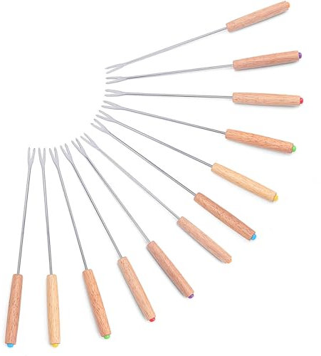 Lot de 12 fourchettes à fondue au fromage, poignée en bois, fourchette à fondue, acier inoxydable, fourchette à barbecue, fondue, utilisé pour fromage, choco, fondue, rôti, guimauve, viande