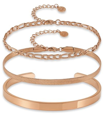GD GOOD.designs Set de 3 pulseras para mujer en oro rosado - Pulseras ajustables enchapadas en oro rosado de 18K - Set de pulseras de acero inoxidable 316L - Pulsera de serpiente, pulsera de eslabones