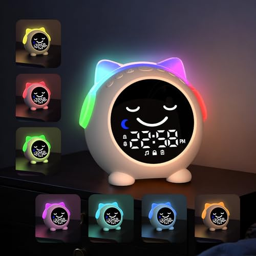 MRSCOZ Kids Alarm Clock for Sleep Training,Sleep Trainer,Ok to Wake Clock,Cute Cat Alarm Clock for Girls Boys Toddler with 10 Night Lights,9 Music Sounds, Auto-Off Timer,Cream White (V1)