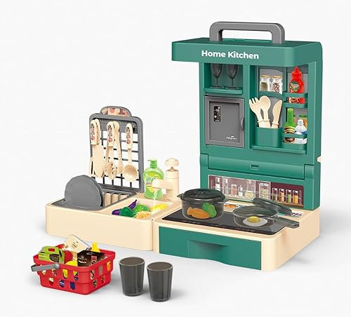 Cuisine Jouet Jeu Pliable De Rôle avec 45pcs Réaliste Nourriture Fruits Légumes Poêles Ustensiles De Cuisine Panier Évier etc Jouet Éducatif Portable Intérieur Extérieur pour Enfants 3+