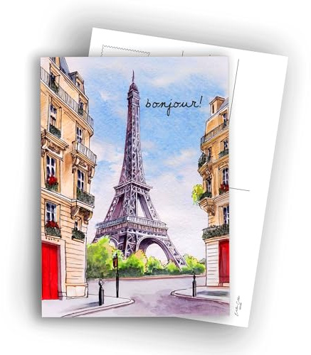 Edition Colibri Paris Postcards - Eiffel Tower Watercolour Illustration - Bonjour | Pack of 10 Flat Cards (A6) - Back to Write On