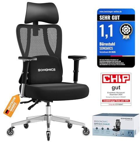 SONGMICS Bürostuhl ergonomisch, Schreibtischstuhl, Gaming-Stuhl, verstellbare Lenden-, Kopfstütze, Armlehnen, für Verschiedene Körpergröße, bis zu 150 kg belastbar, tintenschwarz OBN067BH01
