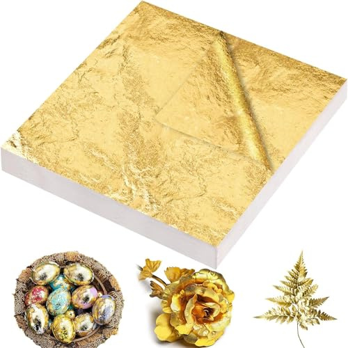 Hotcho 100 hojas de oro, lámina para decoración de tartas, pan de oro para manualidades, lámina de oro para manualidades, lámina dorada para arte (no comestible)