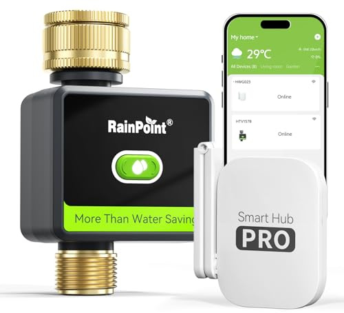 RAINPOINT Bewässerungscomputer WLAN, Smart WiFi Bewässerungssteuerung mit Messing EIN- und Auslass & 100m Gateway, Wetter/Boden-basierte Automatische Bewässerung für Garten & Rasen, Schwarz