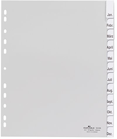 Durable Kunststoffregister (mit blanko Taben, A4 hoch, überbreit) 12-teilig, grau, 644610