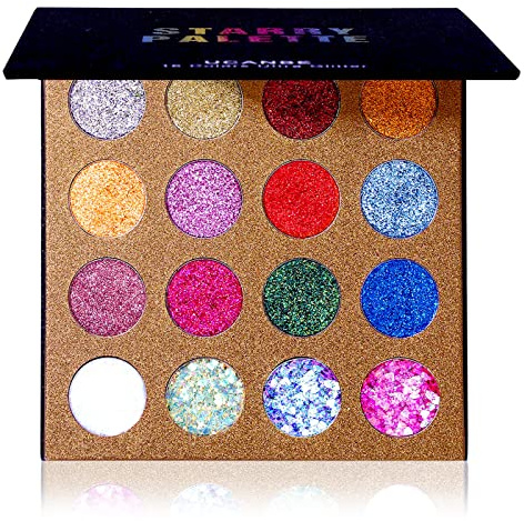 UCANBE Pro Glitter Eyeshadow Palette - Professional 16 Colors - Chunky & Fine Pressed Glitter Eye Shadow Powder Makeup Pallet Highly Pigmented Ultra Shimmer for Face Body