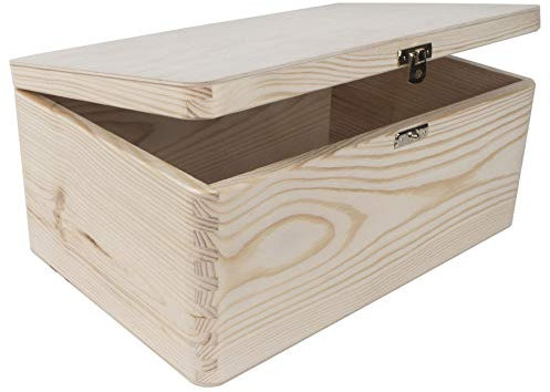 WooDeeDoo Wooden Storage Chest with Hinged Lid and Clasp – 30 x 20 x 13 cm – Plain Pine Box for Gifts Keepsakes Pyrography or Decorative Craft Projects