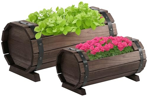 Outsunny 2PCs 56L Wooden Planter Box Flower Plant Pot Outdoor Flower Beds Plant Box with Solid Wood Carbonized Colour