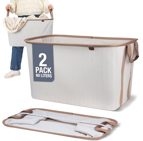 CleverMade Collapsible Laundry Basket LUXE 2 Pack – 60 L (16 Gal) Foldable Cotton Blend Clothes Hamper with Vegan Leather Accents, Reinforced Handles, Space Saving Laundry Bin Holds 55 lbs - Cream
