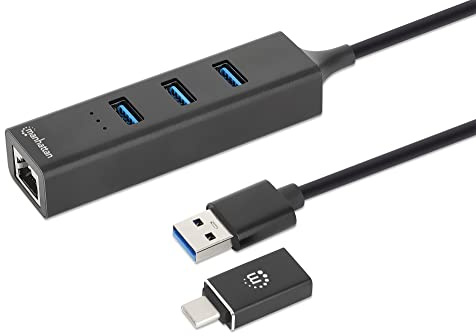 MANHATTAN 180894 Hub USB 3.0 3 Ports Combo Type-C/A mit Gigabit-Netzwerkadapter, Schwarz