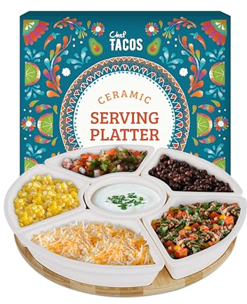 Chef Tacos Bandejas para Servir Comida - Bandeja Cocina Cerámica para Servir Tacos - Bandeja Giratoria Madera para Tapas y Aperitivos - Fuente para Servir Patatas Fritas Aceitunas Salsas - Plato 26 cm