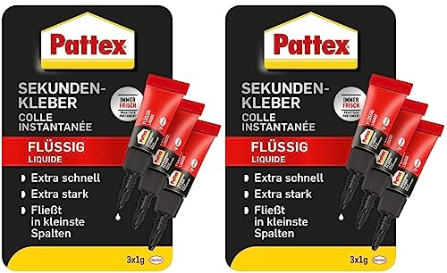 Pattex Sekundenkleber Flüssig Mini Trio, spülmaschinenfester Superkleber in 3 praktischen Tuben, schnelltrocknender farbloser Flüssigkleber, 3 x 1g, mehrfarbig (Packung mit 2)