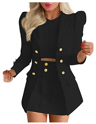 NUSGEAR 2023 Traje de 2 Piezas Mujer Moda Blazer un Pecho y Faldas corto Otoño Verano Ajuste Slim Fit Oficina Negocios Fiesta Elegante Cena Casual color sólido Traje Chaqueta