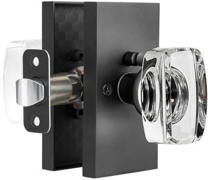 HIEMEY Glass Door Knobs Interior with Lock, Crystal Modern Privacy Door Knob for Bedroom Bathroom, Matte Black