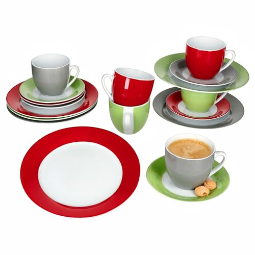 MamboCat Variant Trio 18tlg Kaffeeservice I farbige Porzellan-Kaffeeset für 6 Personen in Grün, Rot & Grau I Je 6X Kaffeetassen 200ml, Untertassen & Kuchenteller für Frühstück & Kaffee