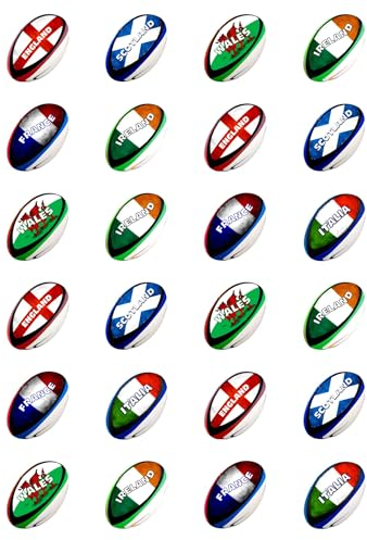 24 x 6 Nations Rugby Ball Mix Edible Wafer or Icing Cupcake Toppers Fun Sports Party Cake Decorations Perfect For Brownies Cookies Muffins & More! (Edible Wafer Card)