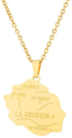 LUTAKU Collier avec pendentif carte de la Réunion française pour homme et femme - Chaîne à breloques en acier inoxydable, Acier inoxydable