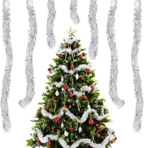 10Piezas Espumillón de Navidad,Espumillon Arbol Navidad,Metálico Oropeles Brillantes,Espumillón Navidad,Guirnaldas Navideñas,para Árbol de Navidad, Bodas, Casas, Fiestas (Plata)