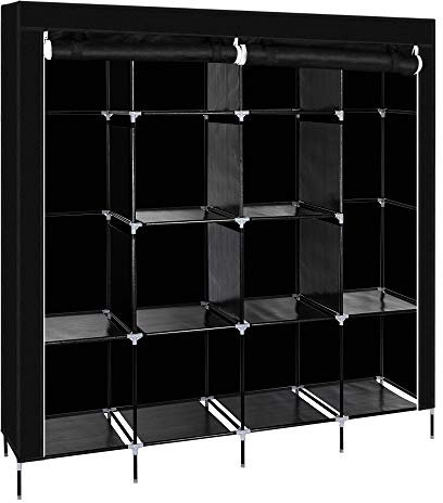Bonnlo Fabric Clothes Wardrobe, Portable Closet with Cover, 170 x 45 x 180 cm, 2 Hanging Rails, Shelves, Side Pockets, Large Capacity Clothes Rails for Bedroom, Living Room (Black, 170x45x180cm)