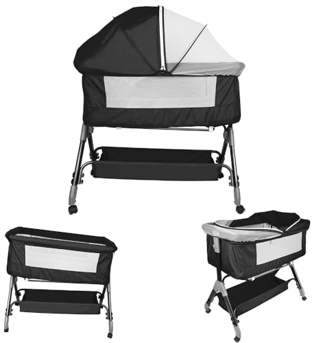 Kedia Babywiege mit Moskitonetz, Babybett & Stubenwagen & Reisebett mit Rollen, Babybett für Wiegen, höhenverstellbar, Beistellbetten (104 x 52 x 103 – 115 cm, schwarz)