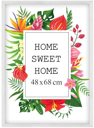 MG Design Marco 48x68 cm - color Blanco, de madera, con cristal acrílico - para colgar vertical u horizontalmente, sin fondo, para fotos, pósters, puzzles