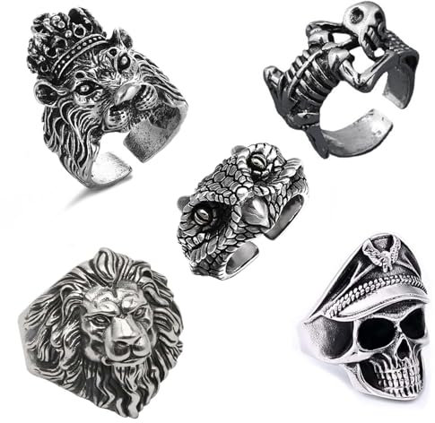 yolzhxe 5 Stück Totenkopf-Herrenringe, Verstellbare Retro Punk Rock Schädel Herrenring, Edelstahl Schlange Gothic Ring Set, Totenkopf Schmuck für Karneval, Mottoparty, Halloween