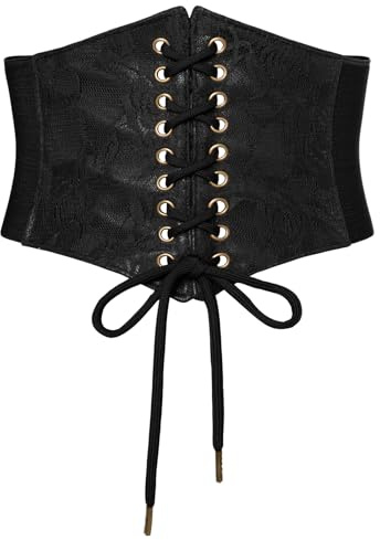 SCARLET DARKNESS Cinturón ancho de estilo steampunk para mujer, cinturón medieval con corsé pirata y cintura elástica con cordones, Negro, XL