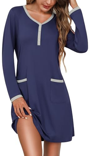 Litherday Camisón Mujer Algodón Manga Larga con Bolsillos y Botones – Camisón Largo Cómodo de Casa Invierno Ropa de Dormir Clásica Azul Marino XL