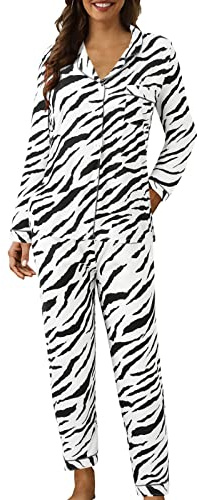 Generisch Pijama de mujer con cierre de botones de manga larga, ropa de dormir, conjunto de pijama de dos piezas, traje de casa de mujer, camisa y pantalón largo, ropa de estar por casa, suave y
