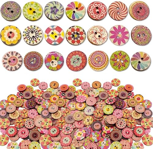 100 Pcs Assorted Floral Wooden Buttons, 15mm 2-Hole Vintage Buttons for DIY Sewing and Crafting