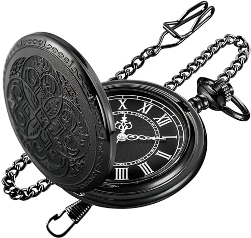 Tiong Vintage Ornate Engraved Pocket Watch with Chain Roman Numeral Scale Quartz Pocket Watches for Men Christmas Gifts