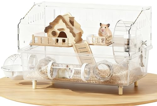 Hamsterhölje – 45 x 30 x 33 cm klar akrylbur, tvåskikts husdjursmiljö, robust träram, transparent litet djurhus | Inomhus utomhus avelsobservation husdjursbutik följeslagare