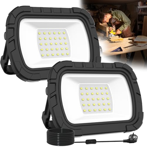 CORESLUX 2 focos LED de construcción, 30 W, luz de trabajo con gancho, lámpara de inundación con enchufe y cable de 1,8 m, 6500 K, portátil para taller o construcción, garaje