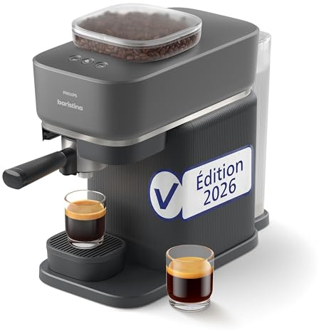 PHILIPS Baristina Espressomaschine –Automatisches Mahlen, Tampen & Brühen, 16 Bar, Kaffeemaschine mit Mahlwerk & Siebträger, leichte Reinigung, Espresso & Café Crema, Schwarzgrau (BAR305/60)