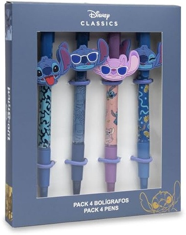 Disney Classics – Set di 4 Penne Stitch Fantasia con Figurina 3D – Inchiostro Blu – Idea Regalo Bambini Scuola