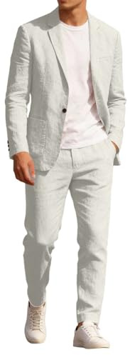 Mens Linen Suits 2 Piece Slim Fit Beach Wedding Formal Tuxedo One Button Business Suit Jackets and Blazer Trousers Breathable Lightweight Leisure Suits Summer Sets Casual Wear Beige