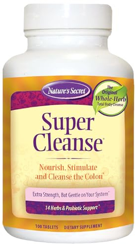 Nature’s Secret Super Cleanse - Extra Strength Colon Cleanse with 14 Herbs & Probiotic Support - Promotes Gut Health Detox Cleanse & Digestive Support Gentle Elimination Formula - 100 Tablets (1 Pack)