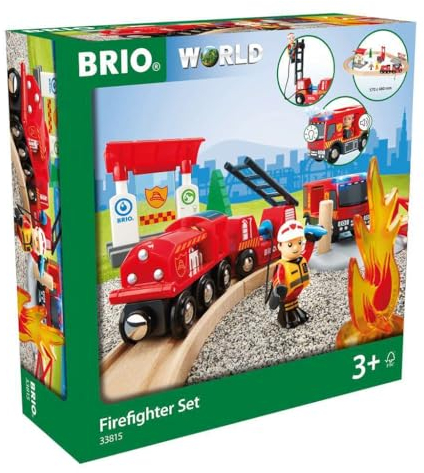 BRIO World 33815 Feuerwehr-Set - Holzeisenbahn-Set inklusive Feuerwehr-Auto mit Licht und Sound - Empfohlen für Kinder ab 3 Jahren