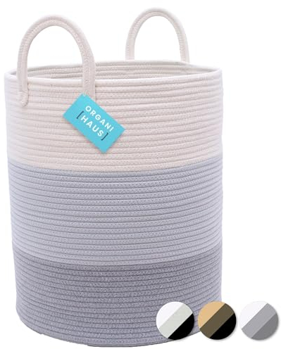 OrganiHaus Large Laundry Basket, Cotton Rope Storage Bin for Dirty Clothes & Toys, Woven Blanket Basket with Handles, Washing Baskets for Laundry, Nursery or Bedroom Décor - 38x45cm, Grey