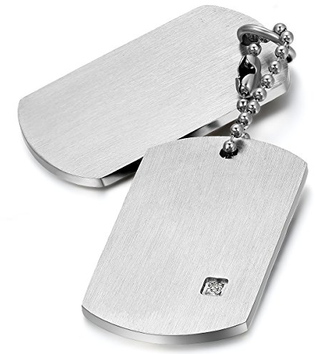 JewelryWe Dog Tag Halskette Herren: Silber Edelstahl 2 Glänzend Poliert Erkennungsmarken Hundemarke Anhänger Kette mit Zirkonia Militärische Armee Stil Schmuck Geschenk für Männer